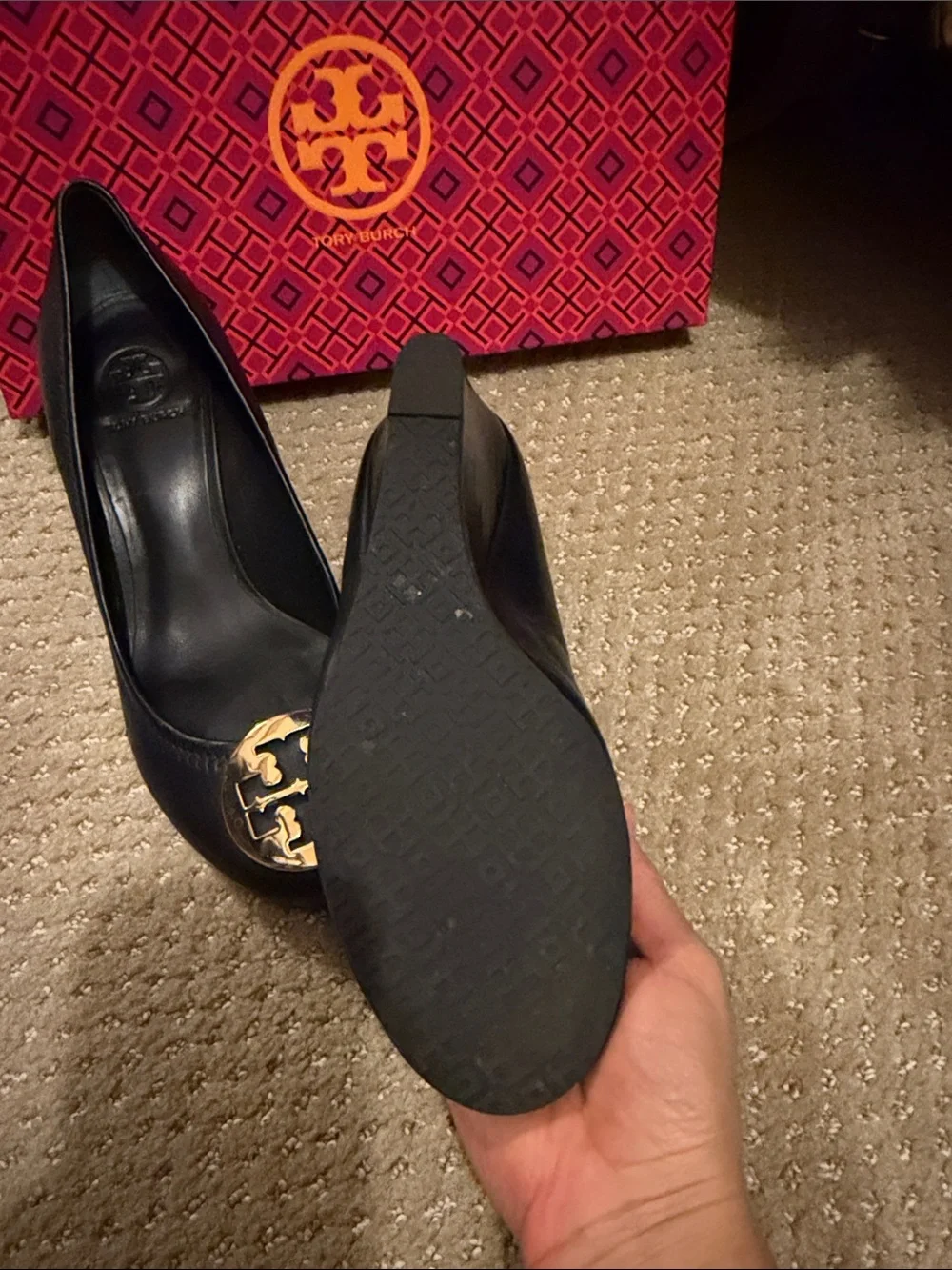 Tory Burch Black Leather Ballet Flats with Gold Logo Medallions